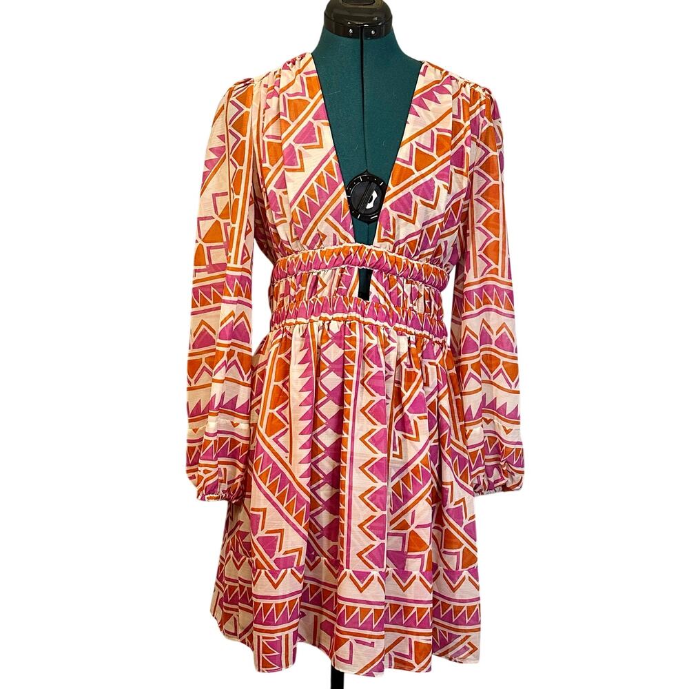 NWT - MISA Los Angeles Rana Dress Pink Orange Geo Mini Long Sleeve Women’s M
